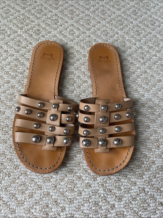 Marc Fisher Shoes - Marc Fisher LTD Nude Tan Leather Stud Slide Sandals